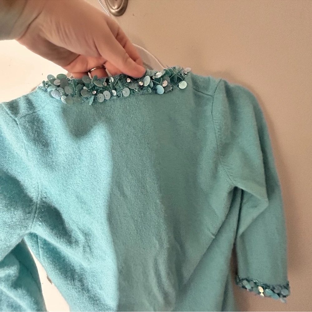 Saks Fifth Avenue Teal Embellished Cashmere Sweater Sz Small VGUC - Picture 8 of 12